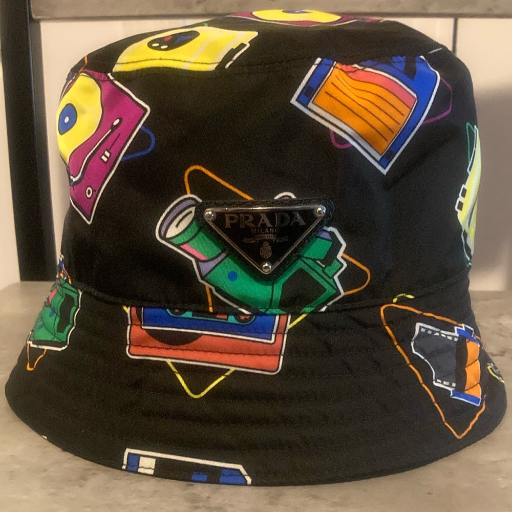 Prada Black Camera Printed Nylon Bucket Hat Large